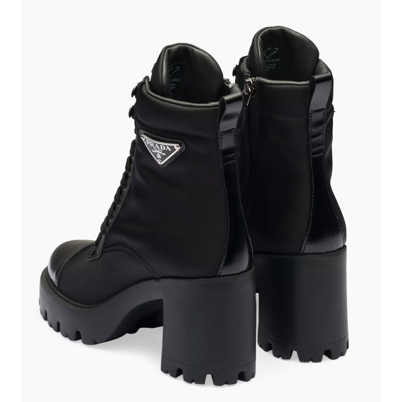 Prada 55MM Logo Lug Sole Platform Black Re-Nylon Leather Ankle Heel Boot 37.5 - Picture 13 of 15